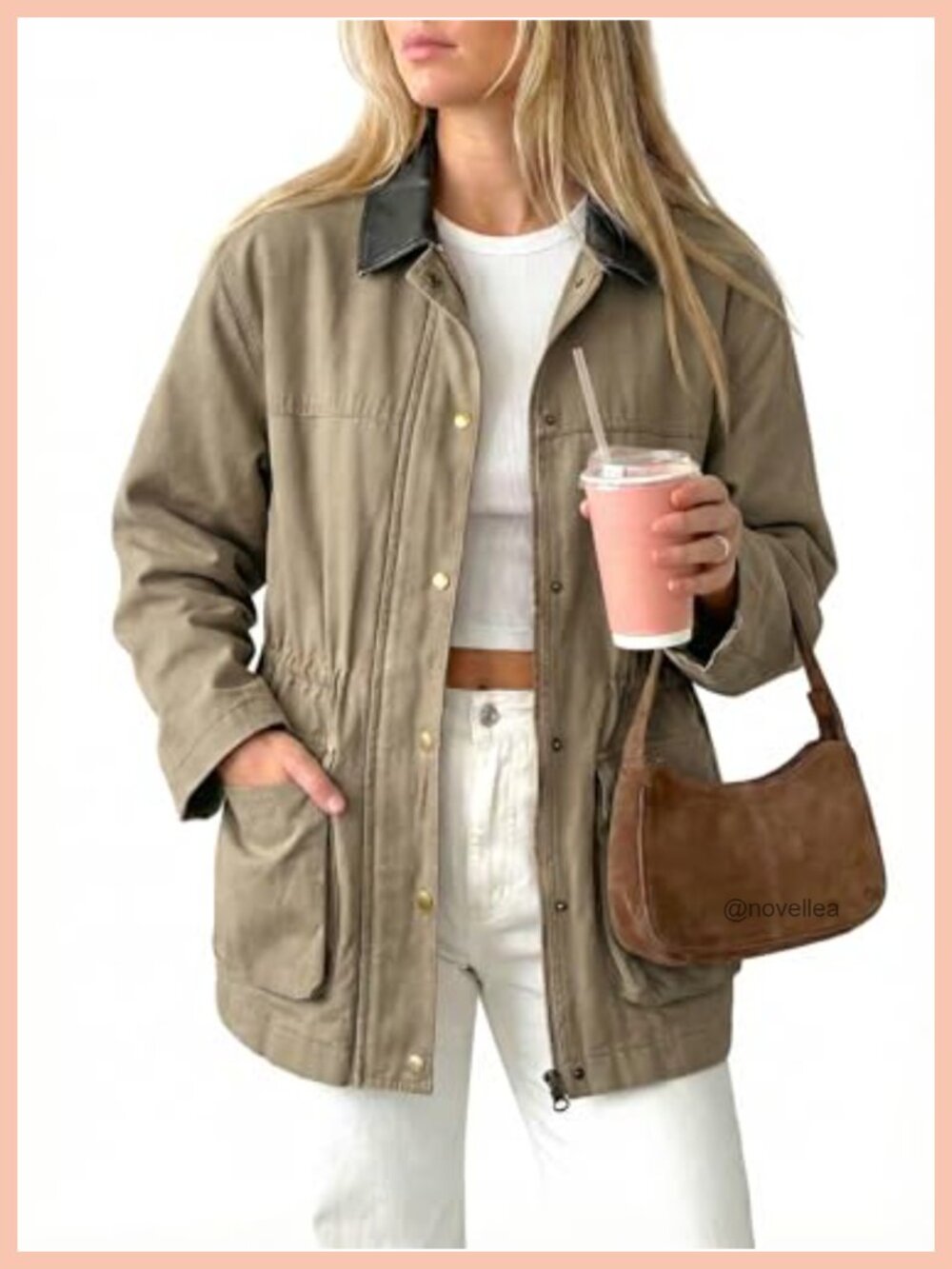 100% Cotton Barn Utility Jacket Contrast Collar Zip Snap Drawstring Waist